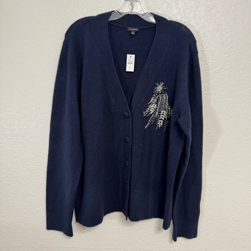Talbots Cardigan Womens XL Blue Beaded Rhinestone Embellished Wool Blend V-Neck